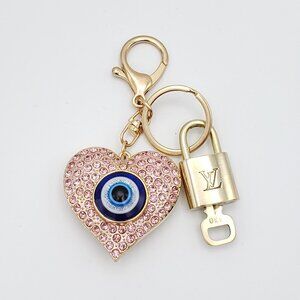 Authentic Louis Vuitton Lock & Key with Unbranded Evil Eye Heart Charm, Keychain
